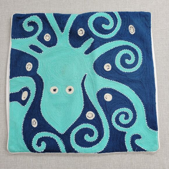 Pottery Barn Kids Pillowcase 16x16 Blue Beaded Octopus Embroidered Cotton Square - Picture 3 of 15